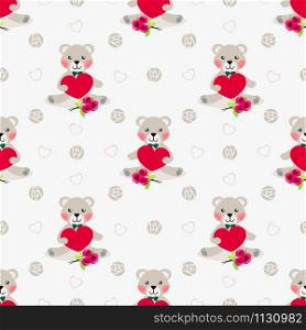 Cute bear hold red heart seamless pattern. Lovely Valentine theme.