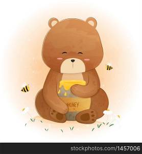 Cute Bear holding honey jar and bees flying around