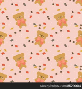 Cute Bear in Autumn Season Seamless Pattern.