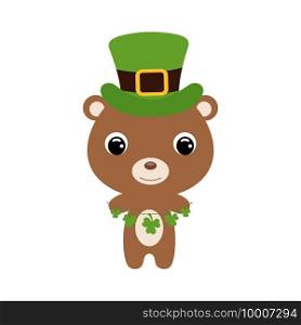Cute bear in green leprechaun hat. Cartoon sweet animal with clovers. Vector St. Patrick’s Day illustration on white background. Irish holiday folklore theme.