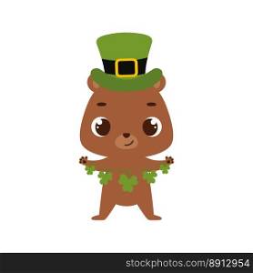 Cute bear in green leprechaun hat with clover. Irish holiday folklore theme. Cartoon design for cards, decor, shirt, invitation. Vector stock illustration.