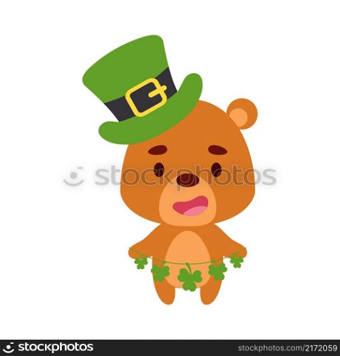 Cute bear in St. Patrick&rsquo;s Day leprechaun hat holds shamrocks. Irish holiday folklore theme. Cartoon design for cards, decor, shirt, invitation. Vector stock illustration.