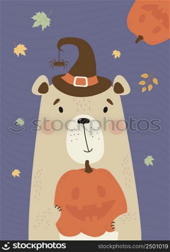 Cute bear in witch hat with spider and pumpkin Jack for Halloween on purple background with autumn leaves. Vector illustration. For design, print, nursery, room decor, greeting cards, kids collection