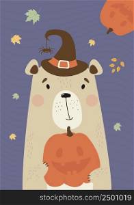 Cute bear in witch hat with spider and pumpkin Jack for Halloween on purple background with autumn leaves. Vector illustration. For design, print, nursery, room decor, greeting cards, kids collection