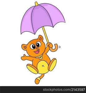 cute bear is jumping using umbrella