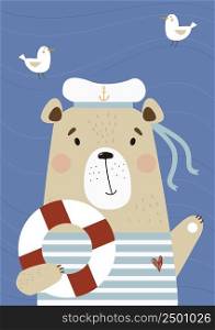 Cute bear sailor on sea with seagull and life buoy. Vector illustration. animal poster for kids collection, postcards, design, print, decoration, bedroom, nursery and Childrens rooms 