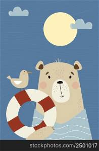 Cute bear sailor with seagull and life buoy. Vector illustration. vertical poster animal for kids collection, postcards, design, print, decoration, bedroom, nursery and Childrens rooms 