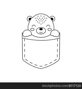 Cute bear sitting in pocket. Animal face in Scandinavian style for kids t-shirts, wear, nursery decoration, greeting cards, invitations, poster, house interior. Vector stock illustration