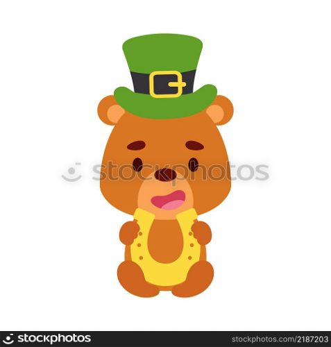 Cute bear St. Patrick&rsquo;s Day leprechaun hat holds horseshoe. Irish holiday folklore theme. Cartoon design for cards, decor, shirt, invitation. Vector stock illustration.