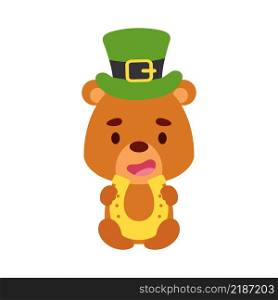 Cute bear St. Patrick&rsquo;s Day leprechaun hat holds horseshoe. Irish holiday folklore theme. Cartoon design for cards, decor, shirt, invitation. Vector stock illustration.