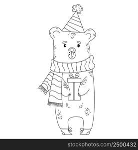 Cute bear with gift. outline. illustration