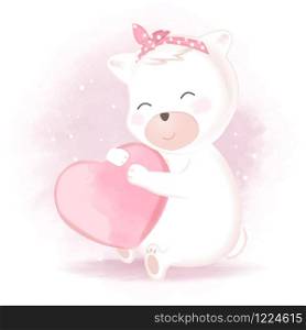 Cute bear with heart hand drawn cartoon watercolor illustration