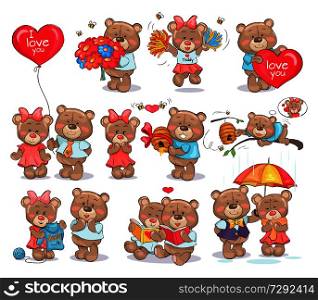 Cute bears couples spend Valentines Day together, exchange festive presents, read books and stand under umbrella isolated vector illustrations set.. Cute Bears Couples Spend Valentines Day Together