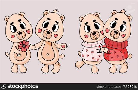 Cute bears enamored. Couple teddy bears hugging in romantic clothes and pair animals with flower. Vector illustration. Isolated romantic funny characters bears