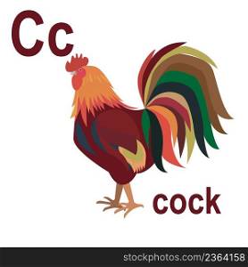 Cute beautiful cock, the ABC of children’s wall art. Postcards with the alphabet. Poster with children’s alphabet. The atmosphere of the game room. C is for the rooster. Vector