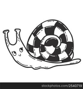 Cute beautiful decorative snail. Linear hand drawing. Funny animal clam - snail character. Vector illustration