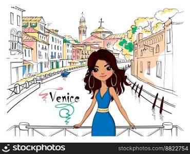 Cute beautiful fashion hispanic girl in Venice, Italia.. Cute fashion girl in Venice, Italia.