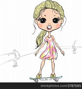 Cute beautiful fashionable baby girl riding a skateboard