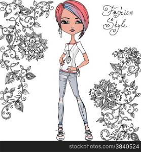 Cute beautiful fashionable hipster girl black and pattern of doodles and flowers. Vector fashion hipster girl