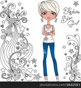 Cute beautiful fashionable hipster girl black and pattern of doodles and stars. Vector fashion hipster girl and star