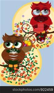 Cute beautiful flirtatious red owls on a branch with a cup of steaming coffee, tea or chocolate. Cute beautiful flirtatious red owl on a branch with a cup of steaming coffee, tea or chocolate