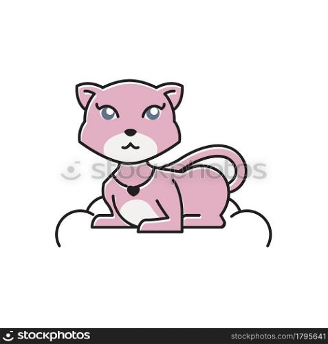 Cute Beautiful Girl Cat Sit on Cloud Pillow Flat Cartoon Illustration