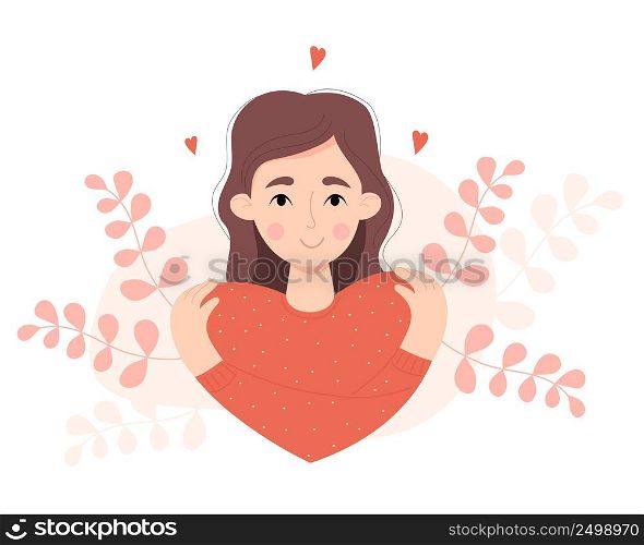 Cute beautiful girl in shape of heart. Self care, self love. Happy woman hugging her shoulders. Vector illustration. Cute female character for postcard, Valentine, International Womens Day