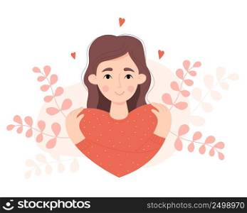 Cute beautiful girl in shape of heart. Self care, self love. Happy woman hugging her shoulders. Vector illustration. Cute female character for postcard, Valentine, International Womens Day