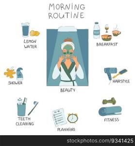 Cute beautiful girl with morning routine elements and words. Cute beautiful girl with morning routine elements