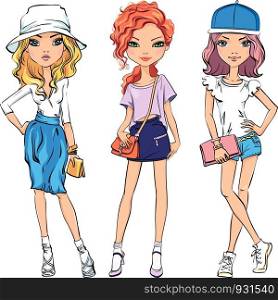 Cute beautiful girls in t-shirt and skirt or shorts, hats and with bags. Vector SET of cute fashionable girls