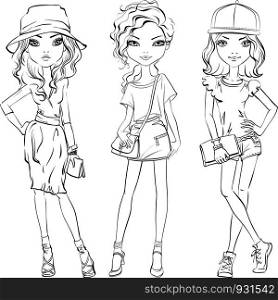 Cute beautiful girls in t-shirt and skirt or shorts, hats and with bags. Line art. Vector SET of cute fashionable girls