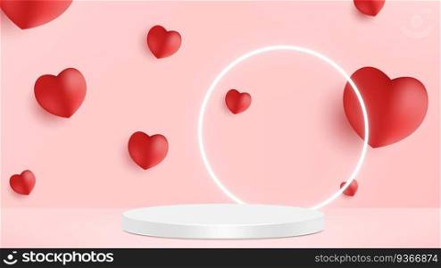 Cute beautiful pink realistic heart shaped podium for valentine s day product display presentation with decorative falling paper hearts vector template.. Cute beautiful pink realistic heart shaped podium for valentines day product display presentation with decorative falling paper hearts vector template