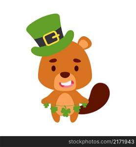 Cute beaver in St. Patrick&rsquo;s Day leprechaun hat holds shamrocks. Irish holiday folklore theme. Cartoon design for cards, decor, shirt, invitation. Vector stock illustration.