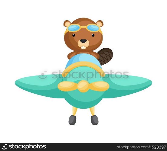Cute beaver pilot wearing aviator goggles flying an airplane. Graphic element for childrens book, album, scrapbook, postcard, mobile game. Flat vector stock illustration isolated on white background.