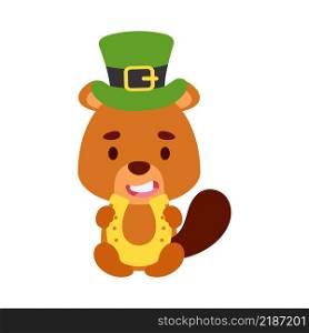 Cute beaver St. Patrick&rsquo;s Day leprechaun hat holds horseshoe. Irish holiday folklore theme. Cartoon design for cards, decor, shirt, invitation. Vector stock illustration.
