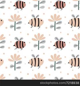 Cute bee and flowers seamless vector baby pattern on isolated white scandinavian background. For children fabric, cloth, backdrop, wallpaper. Printable format.. Cute bee and flowers seamless vector baby pattern on isolated white scandinavian background. For children fabric, cloth, backdrop, wallpaper. Printable format