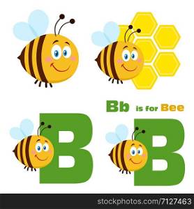 Cute Bee Cartoon Character Set 3. Flat Vector Collection Isolated On White Background
