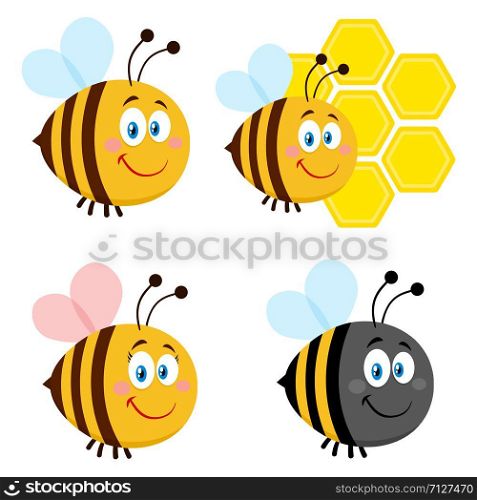 Cute Bee Cartoon Character Set 4. Flat Vector Collection Isolated On White Background