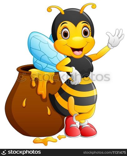 Cute bee cartoon waving illustration