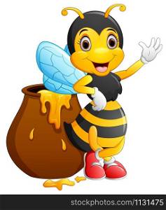 Cute bee cartoon waving illustration