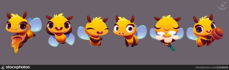 Cute bee emotion expression mascot vector. Cartoon isolated happy and funny character with yummy ho≠y, stick and white flower set. Col≤ction of adorab≤litt≤ho≠ybee in§icon with wings. Cute bee emotion mascot, cartoon happy character