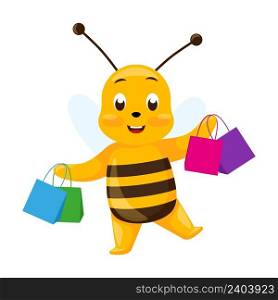 Cute bee going shopping isolated on white background. Smiling cartoon character happy. Design of funny insect sticker for showing emotion. Vector illustration. Cute bee going shopping isolated on white background. Smiling cartoon character happy.