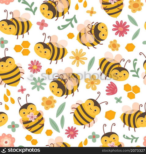 Cute bee pattern. Bees and flowers, cartoon flying insects. Art textile print, adorable spring summer floral exact vector seamless texture. Bee insect pattern, illustration cartoon design. Cute bee pattern. Bees and flowers, cartoon flying insects. Art textile print, adorable spring summer floral exact vector seamless texture