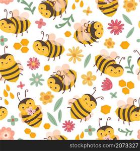 Cute bee pattern. Bees and flowers, cartoon flying insects. Art textile print, adorable spring summer floral exact vector seamless texture. Bee insect pattern, illustration cartoon design. Cute bee pattern. Bees and flowers, cartoon flying insects. Art textile print, adorable spring summer floral exact vector seamless texture