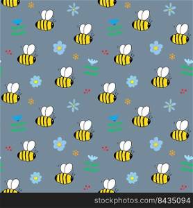 Cute Bee Seamless Pattern, Cartoon Hand Drawn honeybee Doodles Vector Illustration.. Cute Bee Seamless Pattern, Cartoon Hand Drawn honeybee Doodles Vector Illustration