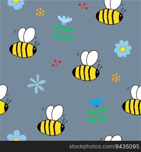 Cute Bee Seamless Pattern, Cartoon Hand Drawn honeybee Doodles Vector Illustration.. Cute Bee Seamless Pattern, Cartoon Hand Drawn honeybee Doodles Vector Illustration