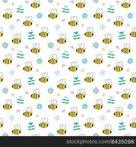 Cute Bee Seamless Pattern, Cartoon Hand Drawn honeybee Doodles Vector Illustration.. Cute Bee Seamless Pattern, Cartoon Hand Drawn honeybee Doodles Vector Illustration