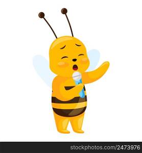Cute bee signs isolated on white background. Smiling cartoon character performs with a microphone. Design of funny insect sticker for showing emotion. Vector illustration. Cute bee signs isolated on white background. Smiling cartoon character performs with a microphone.