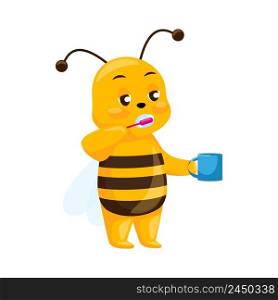 Cute bee washing isolated on white background. Sleepy cartoon character in morning. Design of funny insect sticker for showing emotion. Vector illustration. Cute bee washing isolated on white background. Sleepy cartoon character in morning.