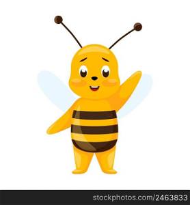Cute bee waving greeting isolated on white background. Smiling cartoon character happy. Design of funny insect sticker for showing emotion. Vector illustration. Cute bee waving greeting isolated on white background. Smiling cartoon character happy.